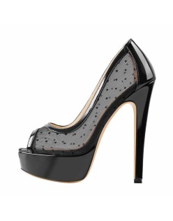 Peep Toe Black Platform Grid High Heel Stiletto Pumps