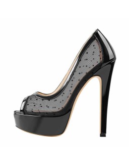 Peep Toe Black Platform Grid High Heel Stiletto Pumps
