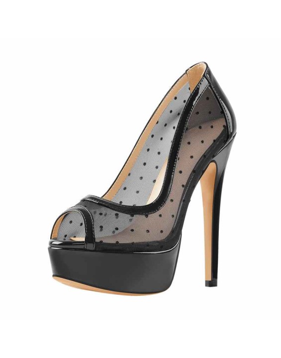 Peep Toe Black Platform Grid High Heel Stiletto Pumps