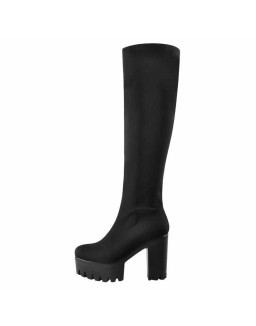 Black Platform Knee Chunky Heels Boots