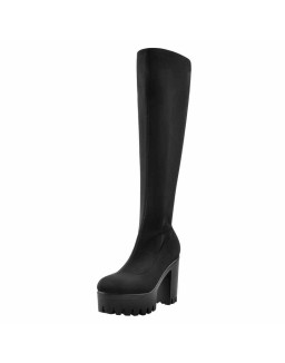 Black Platform Knee Chunky Heels Boots