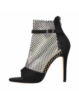 Black Peep Toe Rhinestone Grid High Heel Stiletto Sandals Boots