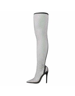Black Grid Rhinestone Knee High Pointed Toe Stiletto Boots Sandals
