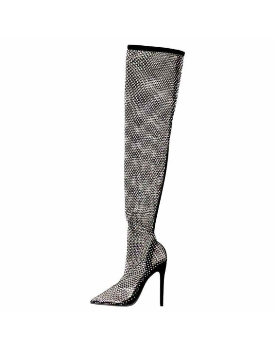 Black Grid Rhinestone Knee High Pointed Toe Stiletto Boots Sandals