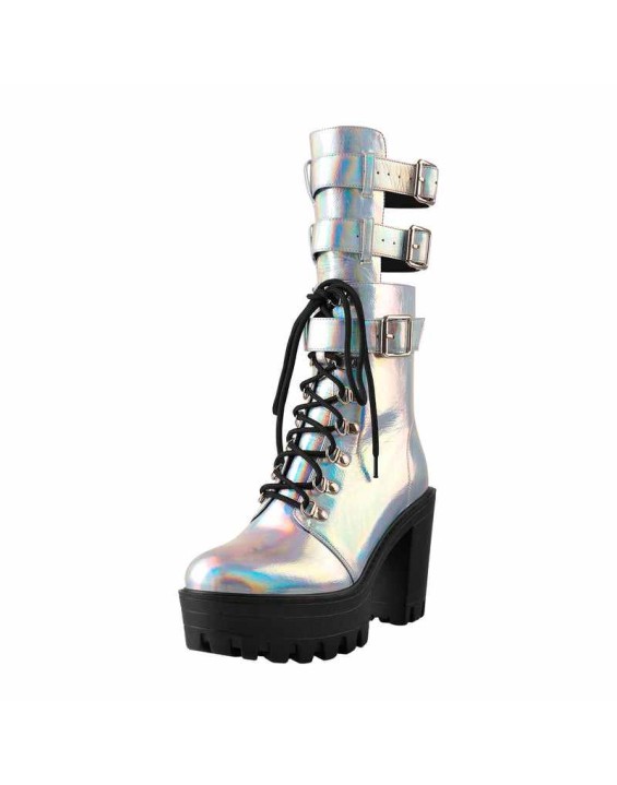 Holographic Platform Chunky Heels Boots