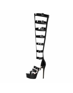 Round Toe Black Knee High Stiletto Boots Sandals