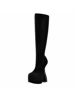 Black Round Toe Suede Platform High Heel Boots