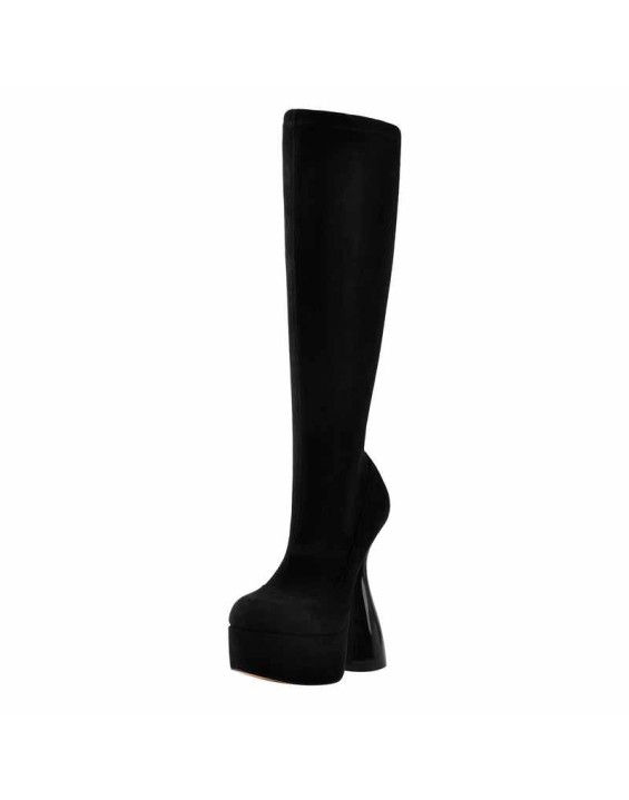 Black Round Toe Suede Platform High Heel Boots