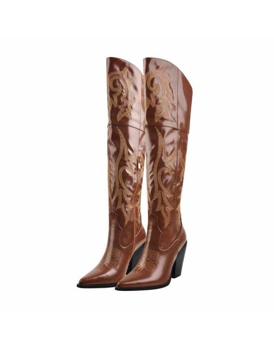 Pointed Toe Embroidery  Chunky Heel Western Boots