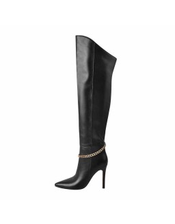 Pointed Toe Black Metal Chain Knee High Stiletto Boots