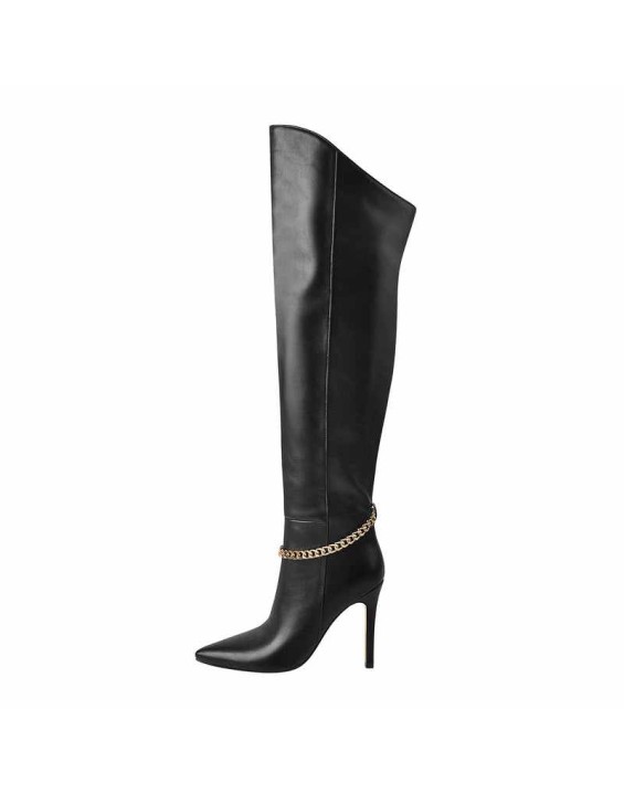 Pointed Toe Black Metal Chain Knee High Stiletto Boots