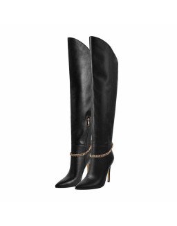 Pointed Toe Black Metal Chain Knee High Stiletto Boots