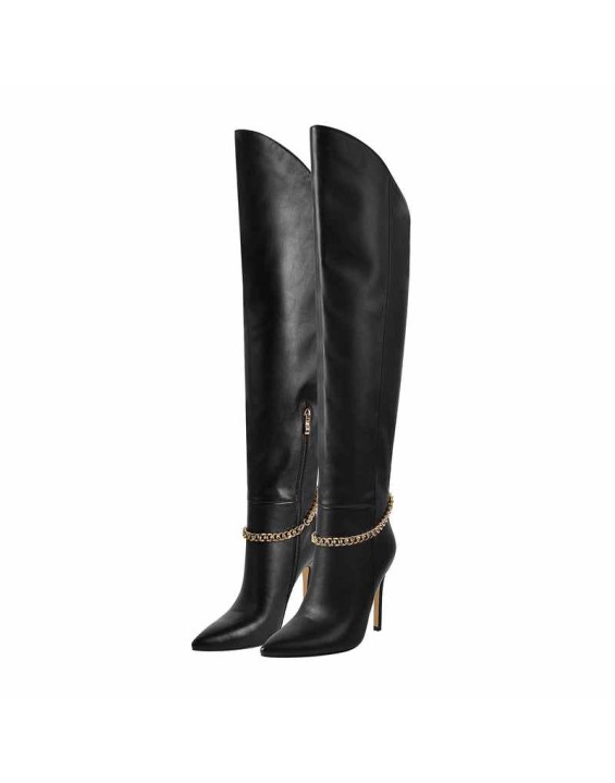 Pointed Toe Black Metal Chain Knee High Stiletto Boots