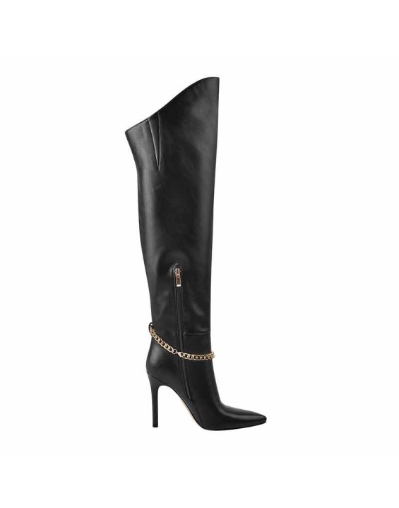 Pointed Toe Black Metal Chain Knee High Stiletto Boots