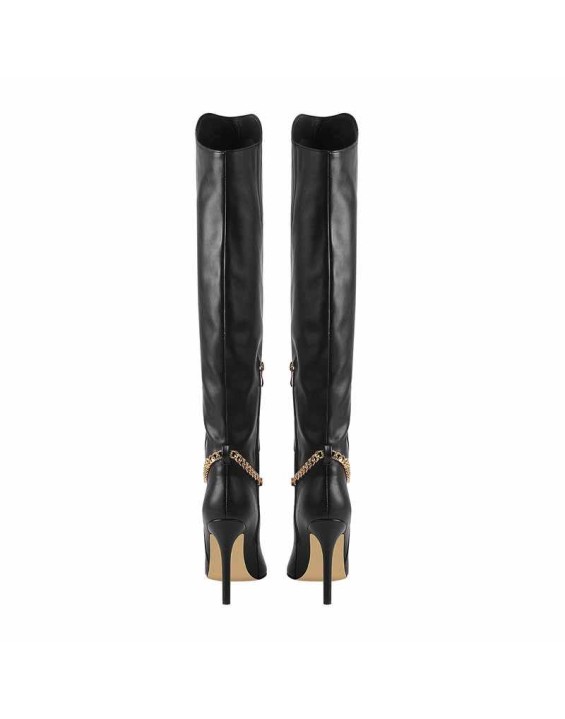 Pointed Toe Black Metal Chain Knee High Stiletto Boots