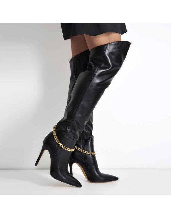 Pointed Toe Black Metal Chain Knee High Stiletto Boots