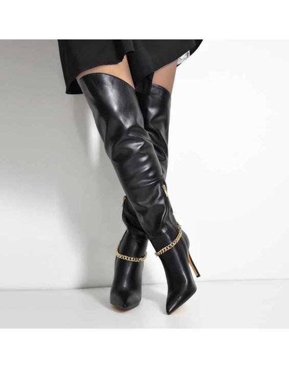 Pointed Toe Black Metal Chain Knee High Stiletto Boots