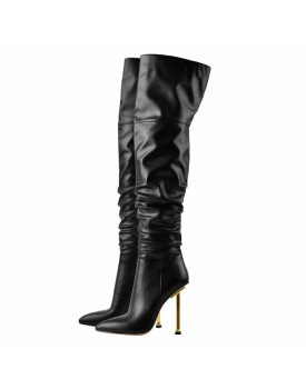 Pointed Toe Matte Black Knee High Metal Heels Stiletto Boots