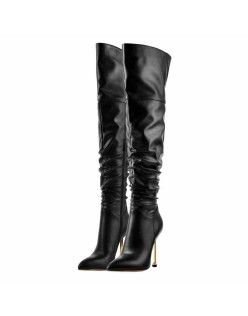 Pointed Toe Matte Black Knee High Metal Heels Stiletto Boots