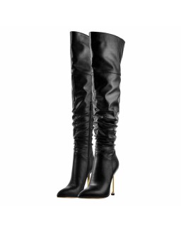 Pointed Toe Matte Black Knee High Metal Heels Stiletto Boots