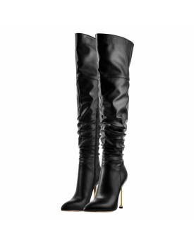 Pointed Toe Matte Black Knee High Metal Heels Stiletto Boots