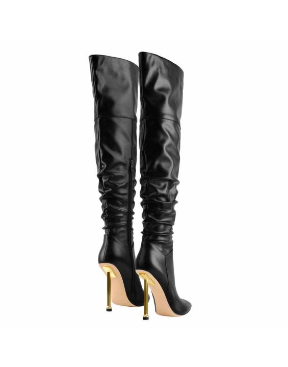 Pointed Toe Matte Black Knee High Metal Heels Stiletto Boots
