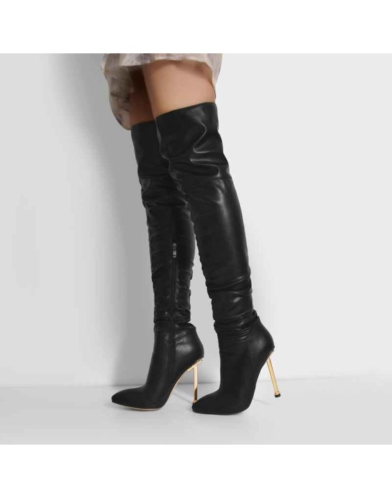 Pointed Toe Matte Black Knee High Metal Heels Stiletto Boots