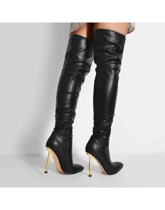 Pointed Toe Matte Black Knee High Metal Heels Stiletto Boots