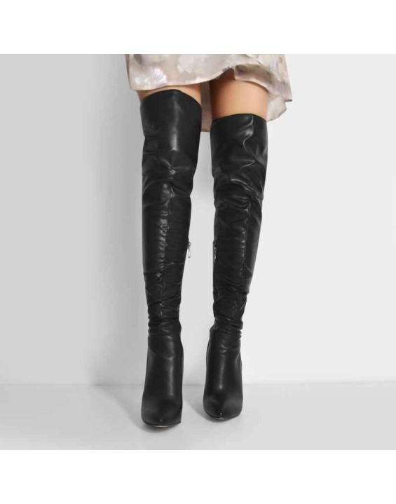 Pointed Toe Matte Black Knee High Metal Heels Stiletto Boots