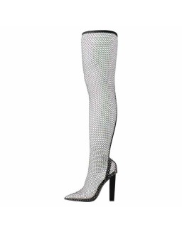 Rhinestone Black Grid Pointed Toe Chunky Heel Knee High Boots