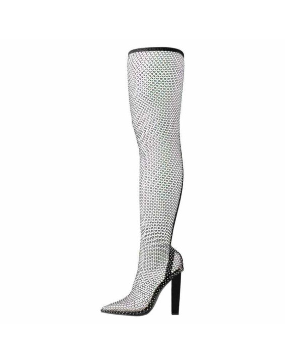 Rhinestone Black Grid Pointed Toe Chunky Heel Knee High Boots