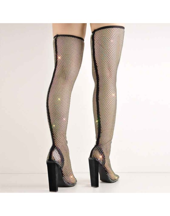 Rhinestone Black Grid Pointed Toe Chunky Heel Knee High Boots