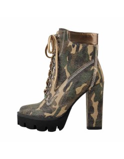 Camo Round Toe Platform Lace Chunky High Heels Ankle Boots