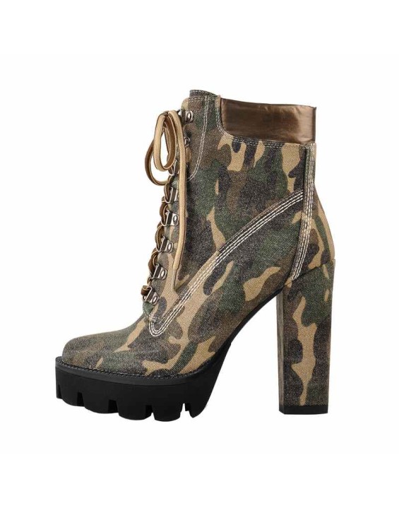 Camo Round Toe Platform Lace Chunky High Heels Ankle Boots