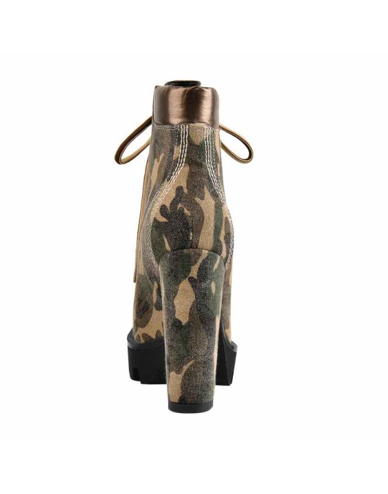 Camo Round Toe Platform Lace Chunky High Heels Ankle Boots