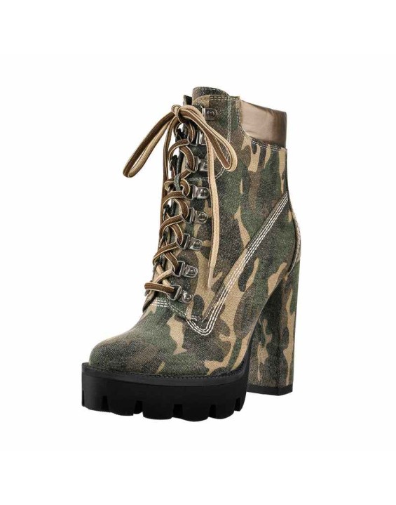 Camo Round Toe Platform Lace Chunky High Heels Ankle Boots
