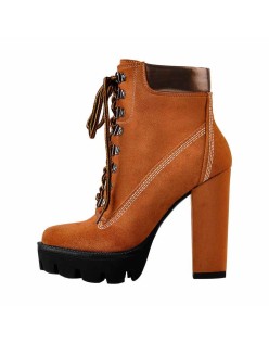 Brown Round Toe Platform Lace Chunky High Heels Ankle Boots