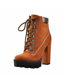 Brown Round Toe Platform Lace Chunky High Heels Ankle Boots