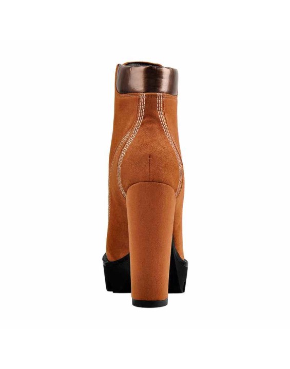 Brown Round Toe Platform Lace Chunky High Heels Ankle Boots