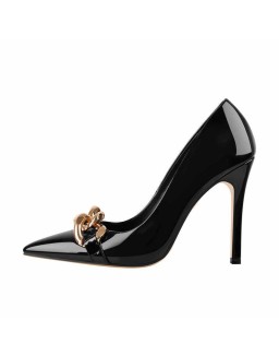 Black Metal Chain Pointed Toe Patent High Heels Stiletto Pumps
