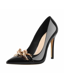 Black Metal Chain Pointed Toe Patent High Heels Stiletto Pumps