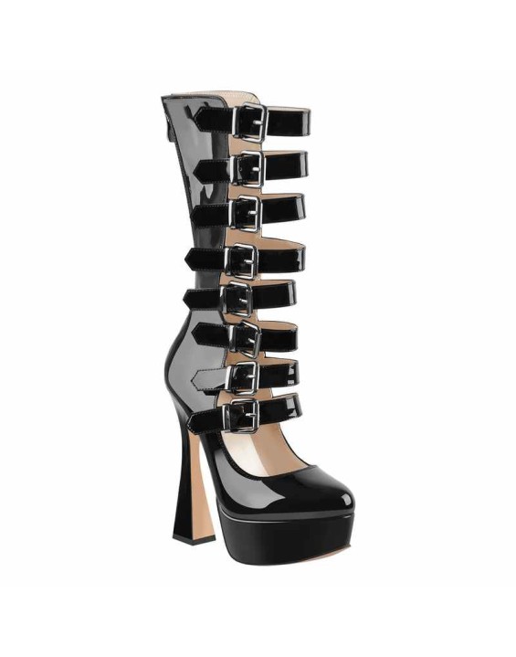 Round Toe Patent Black Platform Zipper High Heel Boots