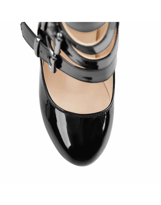 Round Toe Patent Black Platform Zipper High Heel Boots