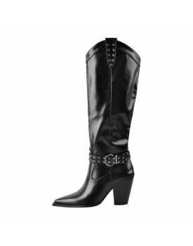 Black Pointed Toe Rivet Belt Cowboy Zipper Chunky Heels Boots