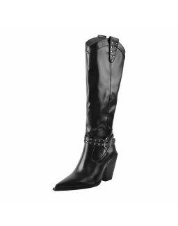 Black Pointed Toe Rivet Belt Cowboy Zipper Chunky Heels Boots