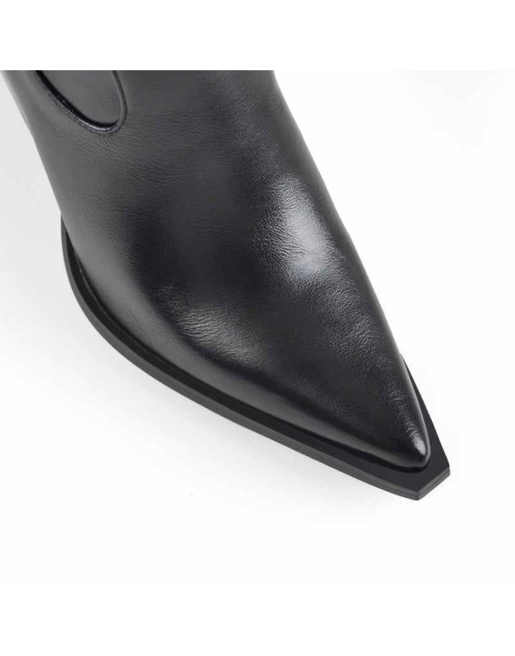 Black Pointed Toe Rivet Belt Cowboy Zipper Chunky Heels Boots