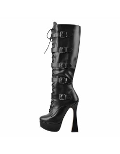 Black Round Toe Platform Belt Lace Zipper High Heel Boots