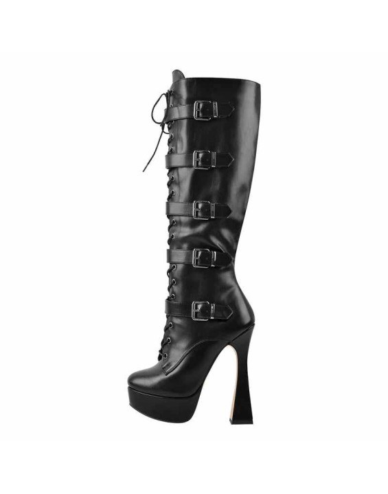 Black Round Toe Platform Belt Lace Zipper High Heel Boots