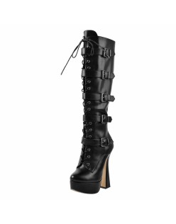 Black Round Toe Platform Belt Lace Zipper High Heel Boots