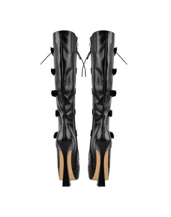 Black Round Toe Platform Belt Lace Zipper High Heel Boots